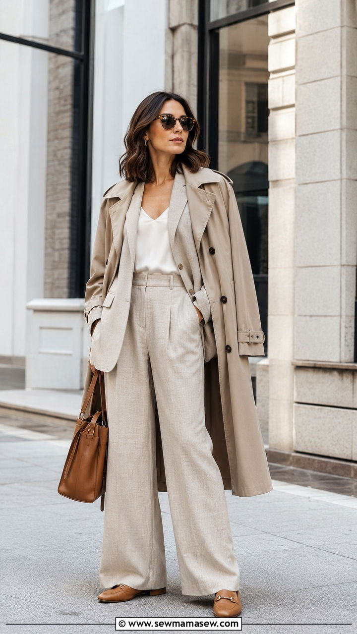 Trench coat with linen pants and matching blazer - 30 transitional trench coat outfit ideas