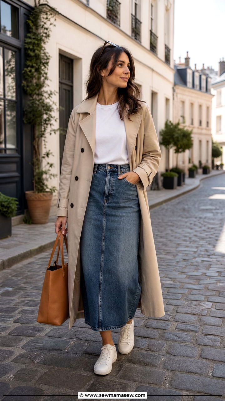 Trench coat with long denim skirt outfit - 25 classy denim skirt outfits