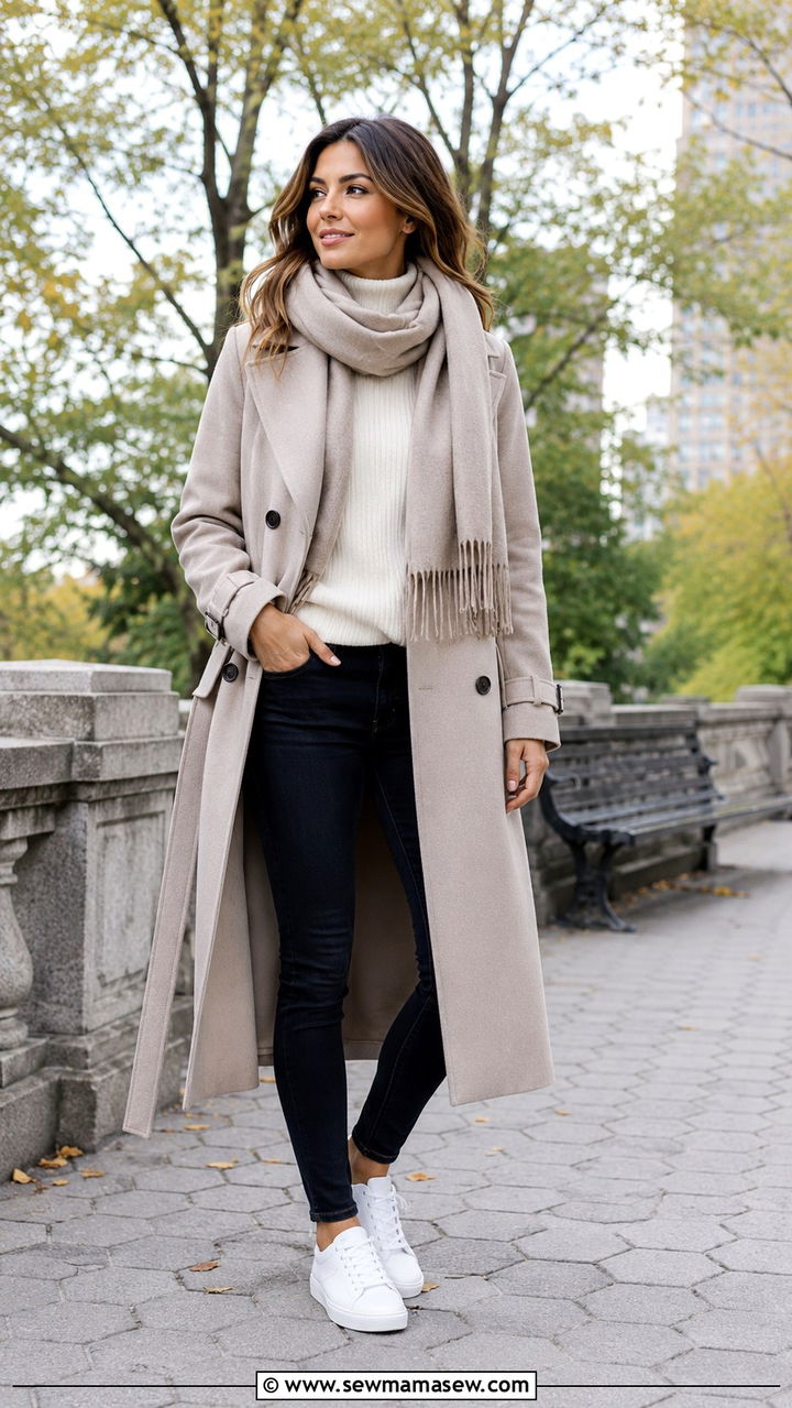Trench coat with matching scarf and crisp white sneakers - 30 Long trench coat outfit ideas with sneakers
