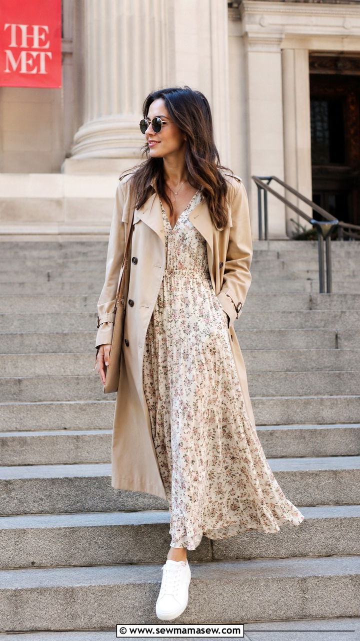 Trench coat with maxi dress and white sneakers - 30 transitional trench coat outfit ideas