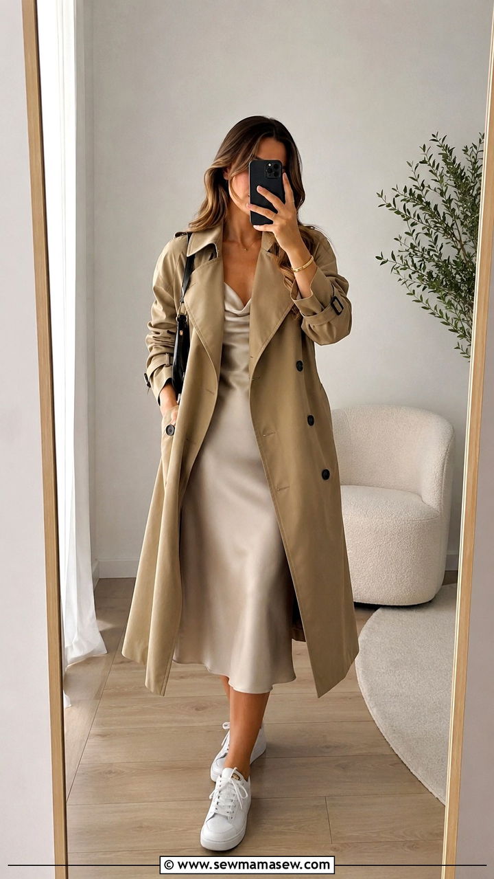 Trench coat with midi dress and sneakers - 30 transitional sneaker outfit ideas
