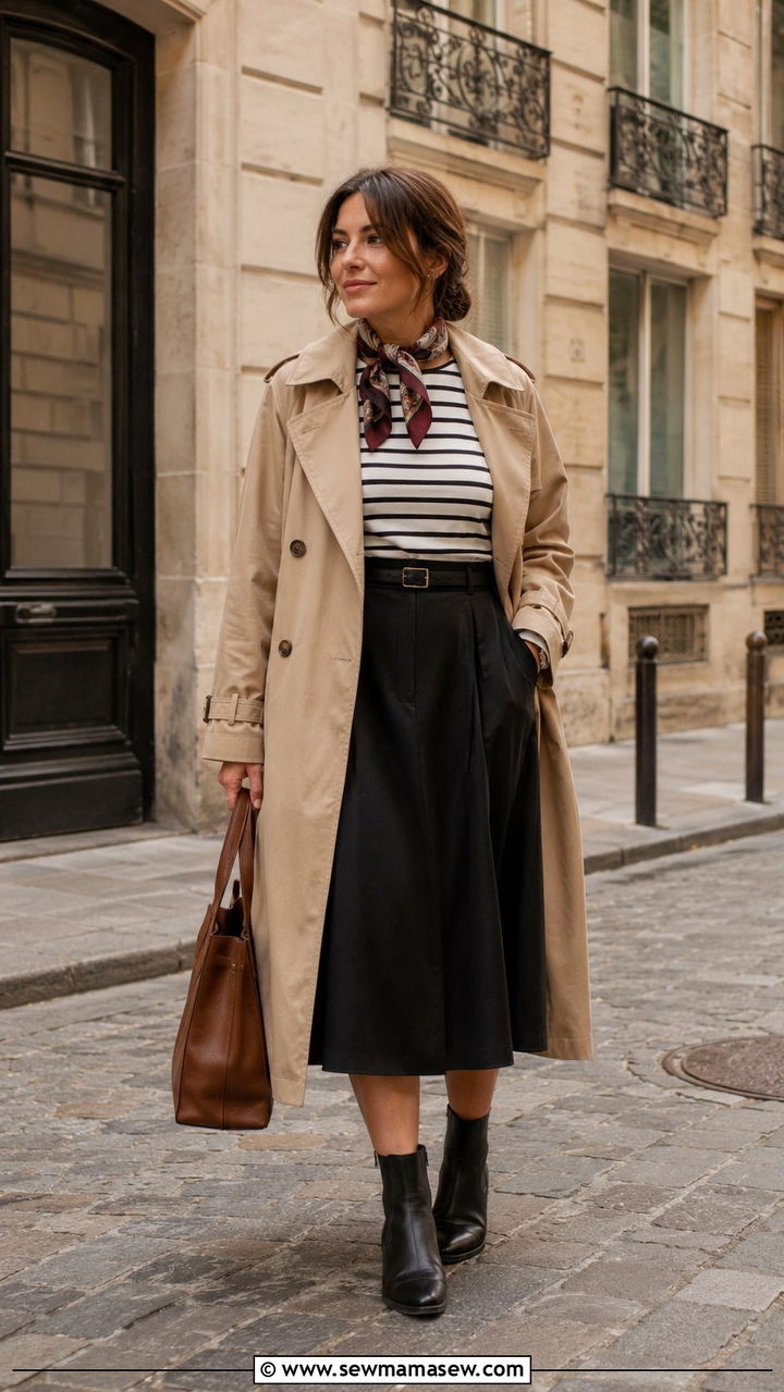 Trench coat with midi skirt outfit - 30 Travel outfits for midsize women