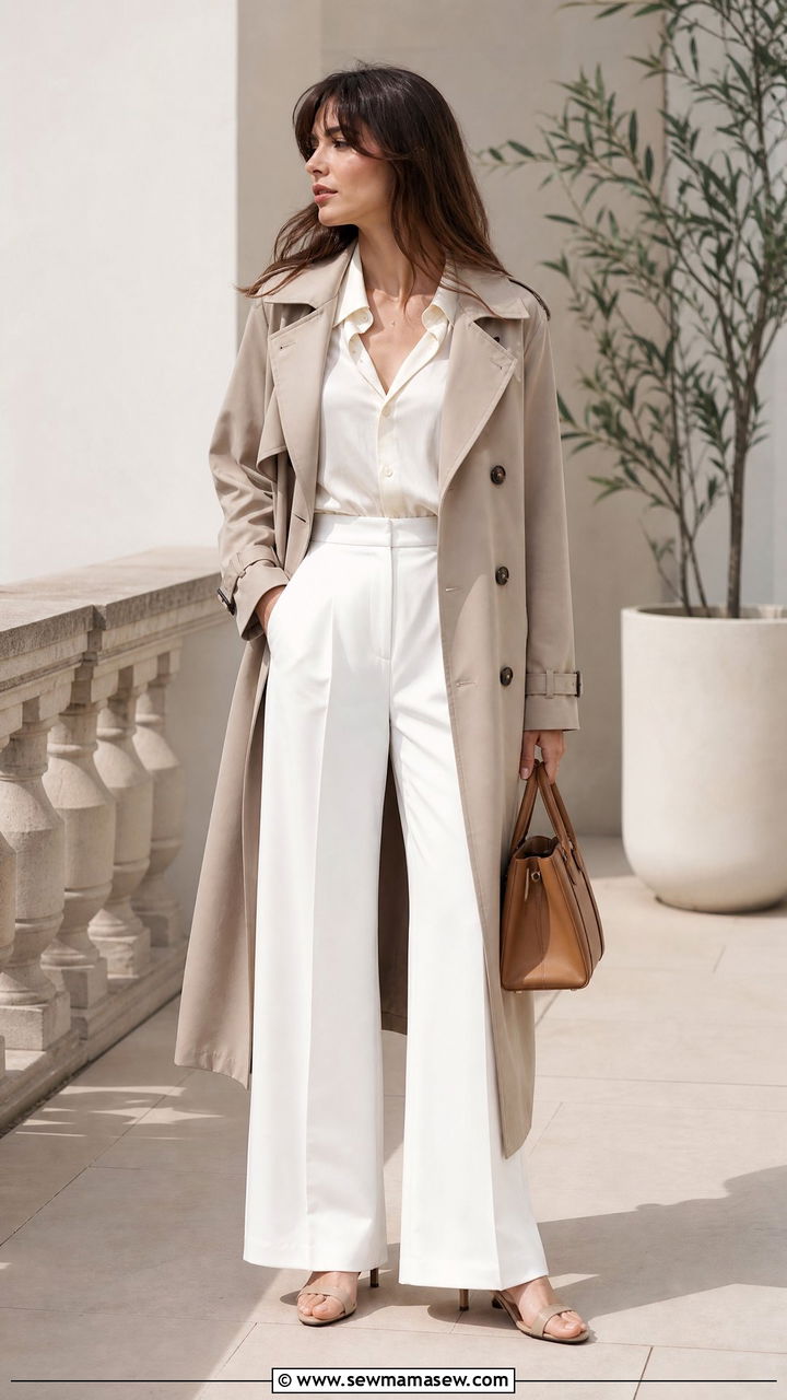 Trench coat with monochrome white outfit - 25 French girl outfit ideas with a trench coat