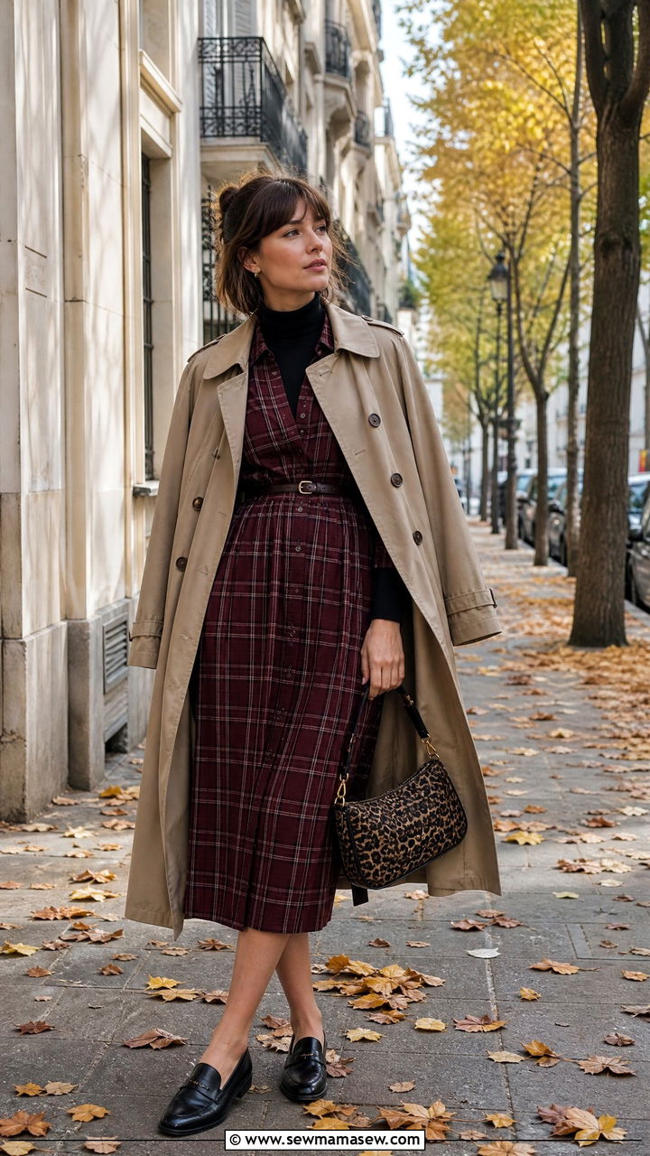 Trench coat with plaid dress and turtleneck - 25 French girl outfit ideas with a trench coat