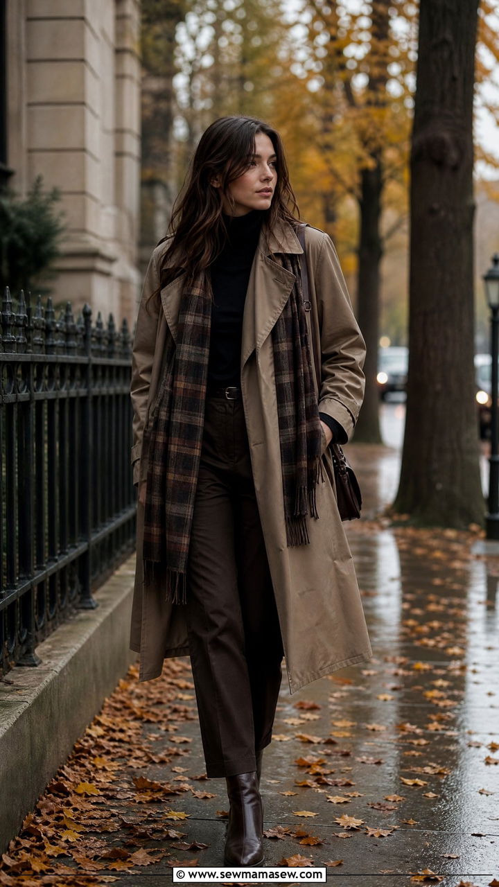 Trench coat with plaid scarf and ankle boots outfit - 25 classy dark academia outfit ideas