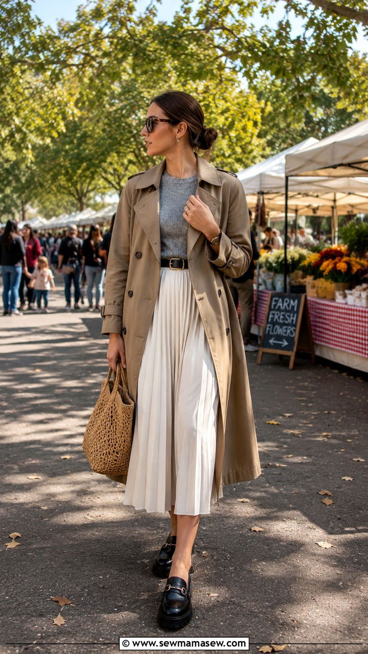 Trench coat with pleated midi skirt and loafers - 30 transitional trench coat outfit ideas