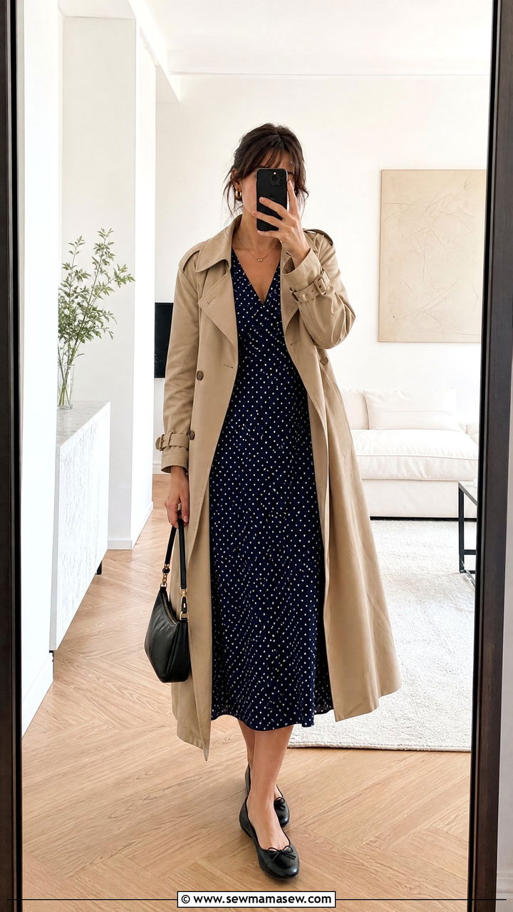 Trench coat with polka dot dress and ballet flats - 25 French girl outfit ideas with a trench coat