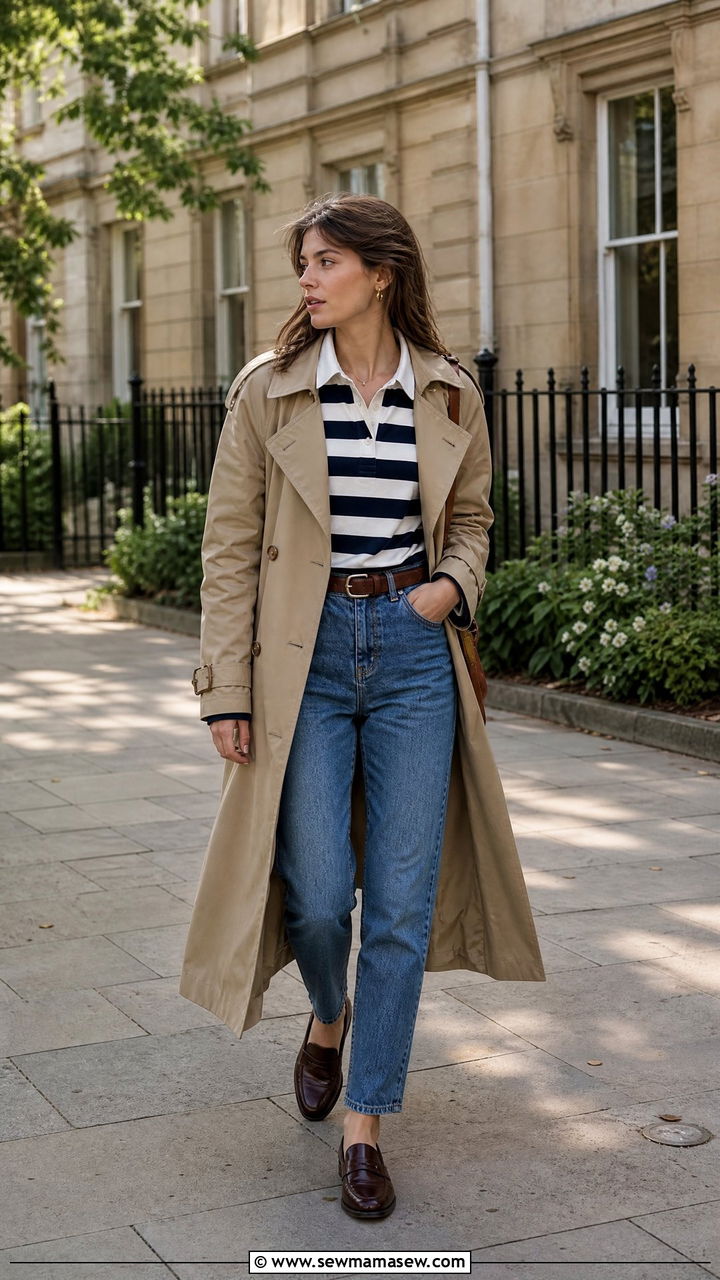 Trench coat with rugby shirt and penny loafers - 25 French girl outfit ideas with a trench coat