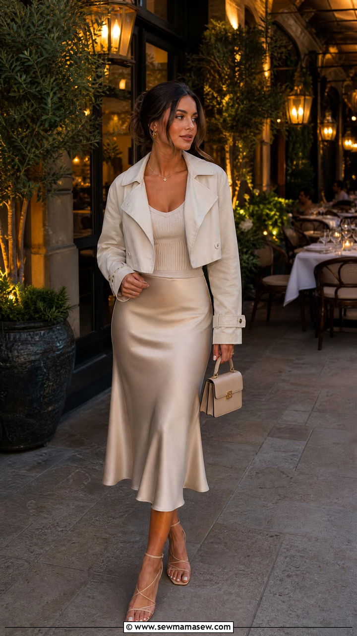 Trench coat with satin skirt outfit - 30 summer trench coat outfit ideas