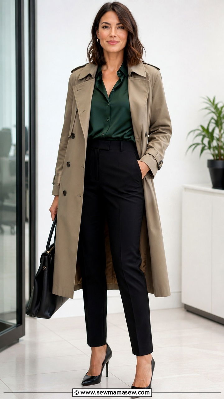 Trench coat with silk blouse and tailored trousers - 30 transitional trench coat outfit ideas