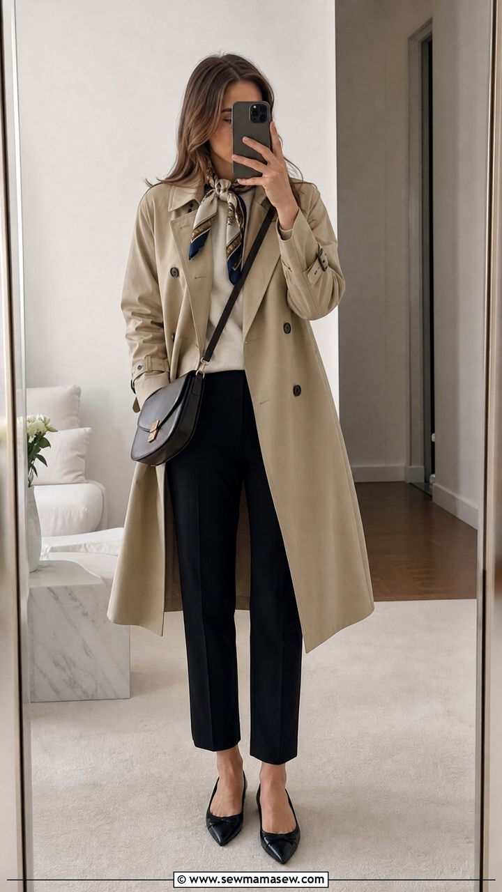 Trench coat with silk scarf and black trousers - 25 French girl outfit ideas with a trench coat