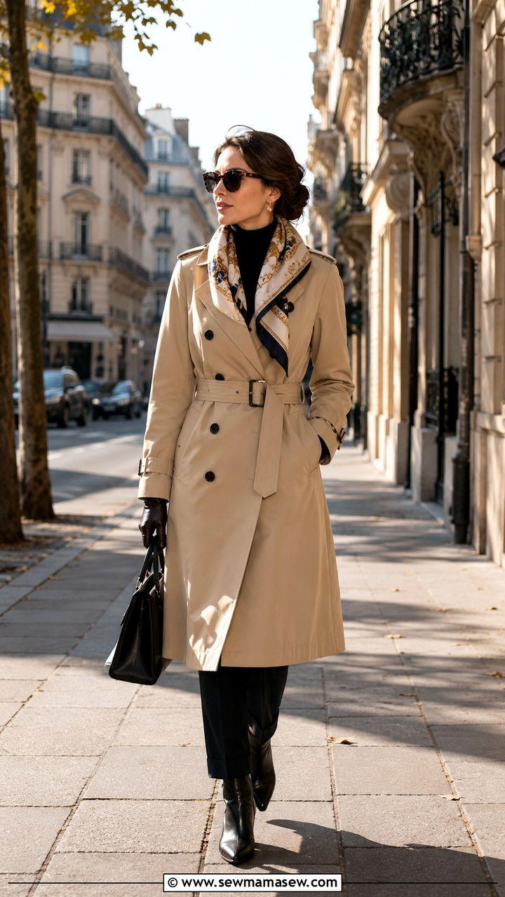 Trench coat with silk scarf look - 25 Old money outfit ideas with silk scarf