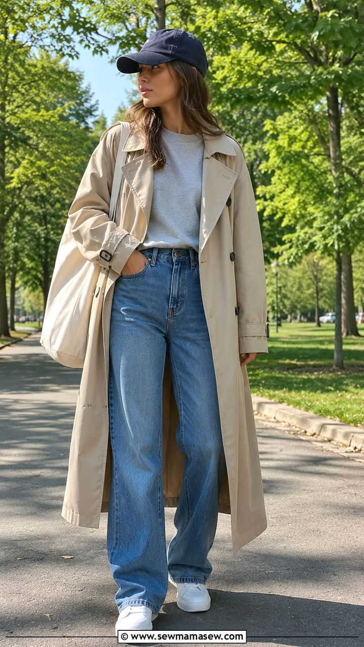 Trench coat with sneakers and a baseball cap - 30 how to style trench coat outfits