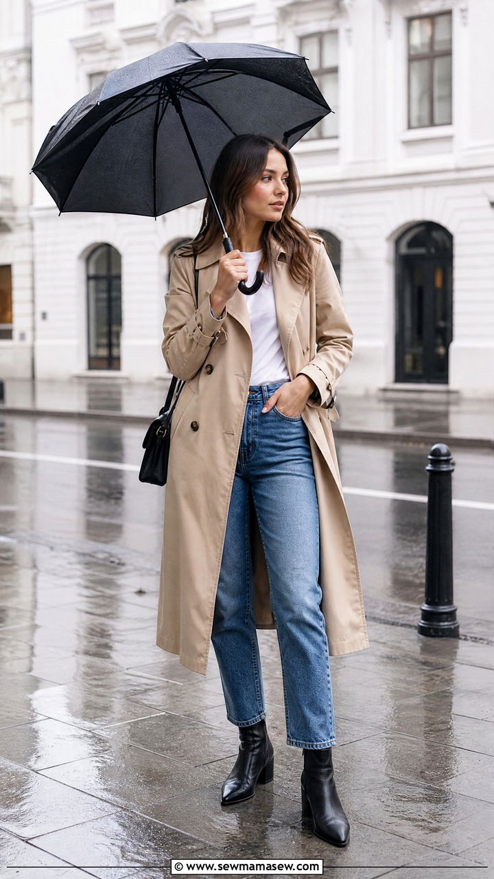 Trench coat with straight leg jeans - 25 spring rainy day outfit ideas