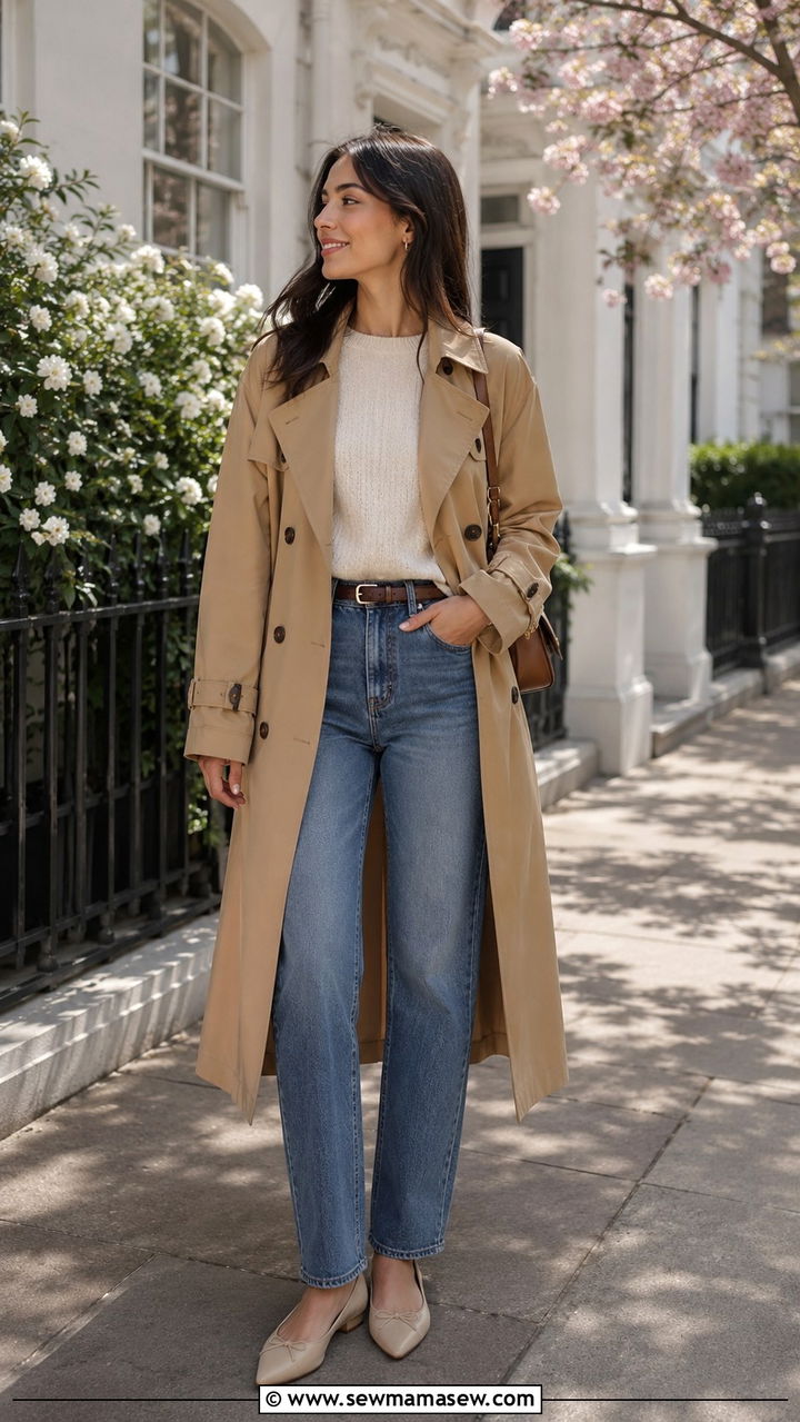 Trench coat with straight leg jeans - 30 Modest wardrobe essentials 2026