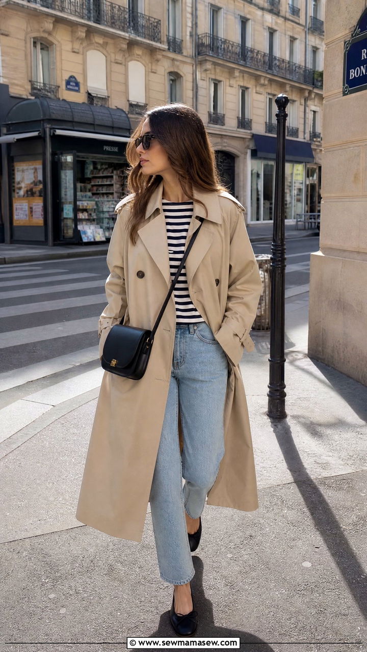 Trench coat with straight leg jeans and Breton top - 25 French girl outfit ideas with ballet flats