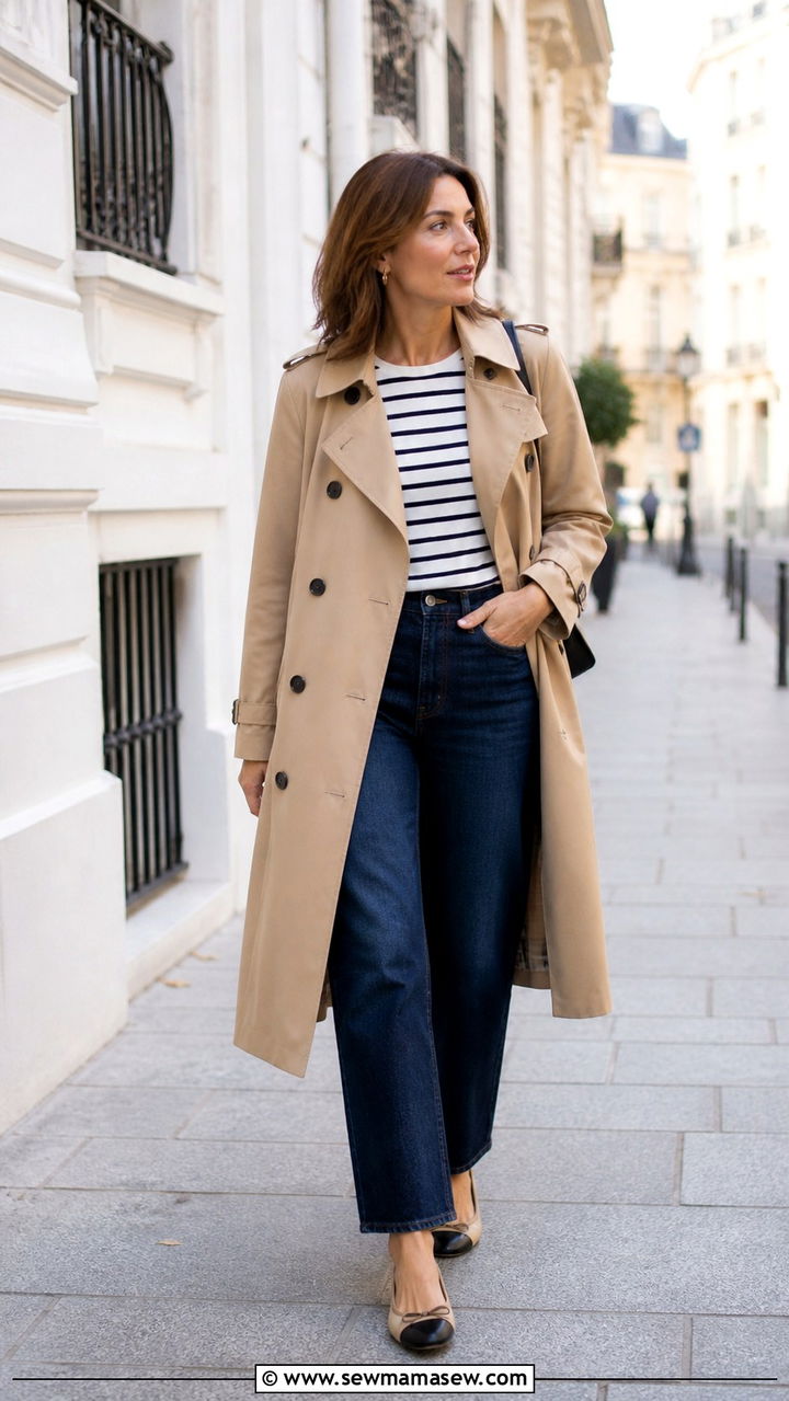 Trench coat with straight leg jeans and a striped top - 40 Outfit ideas for women over 40