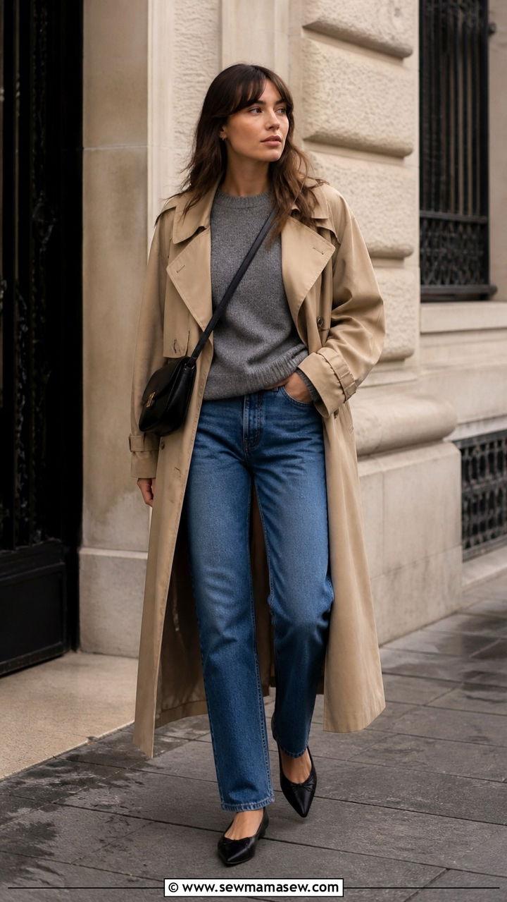 Trench coat with straight leg jeans and ballet flats - 40 spring casual outfit ideas