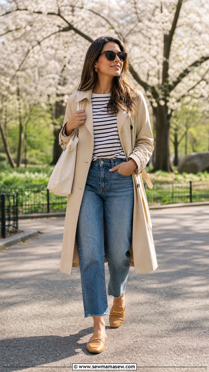 Trench coat with straight leg jeans and flat loafer mules - 25 Spring outfits with mules