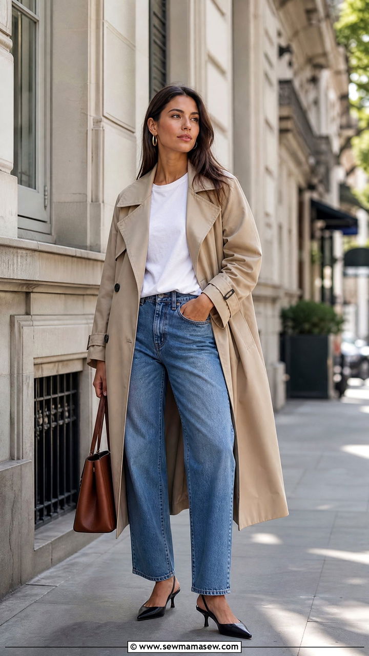 Trench coat with straight leg jeans and kitten heels - 25 Polished spring outfit ideas 2026