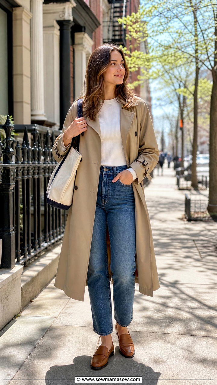 Trench coat with straight leg jeans and loafers - 20 Spring outfits for 60-70 degree weather