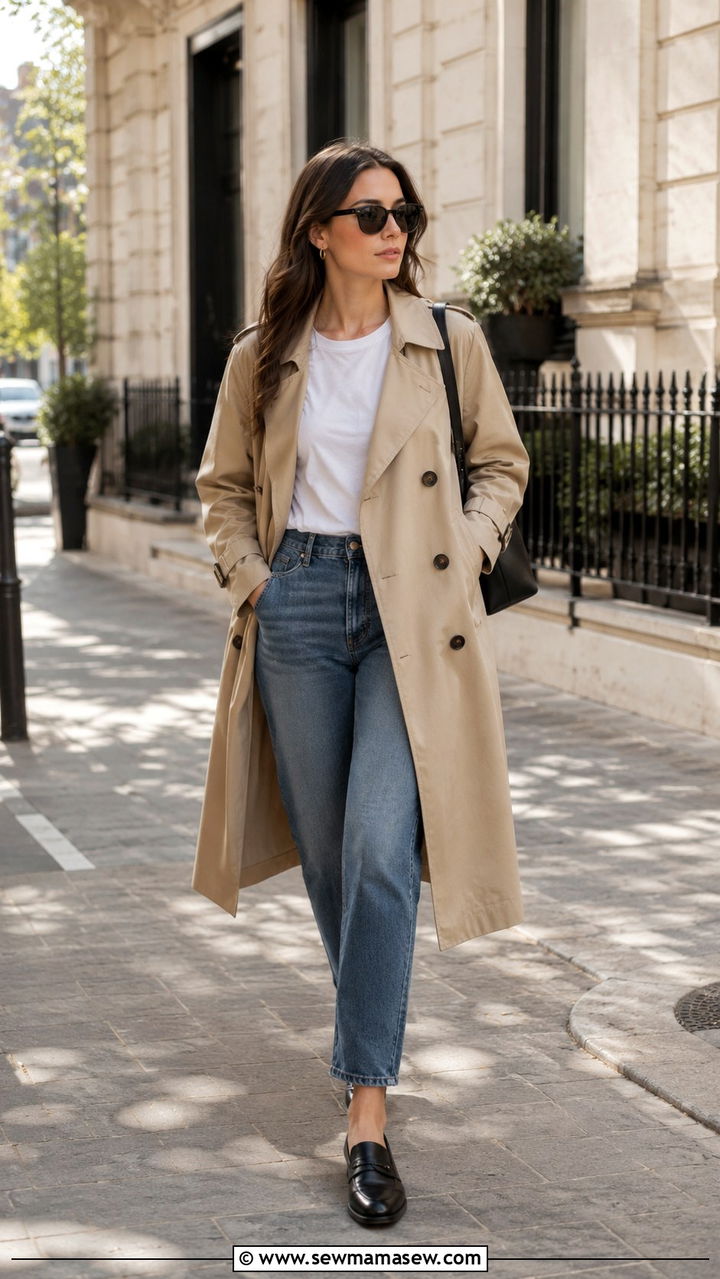 Trench coat with straight leg jeans and loafers - 30 Spring minimalist outfits 2026