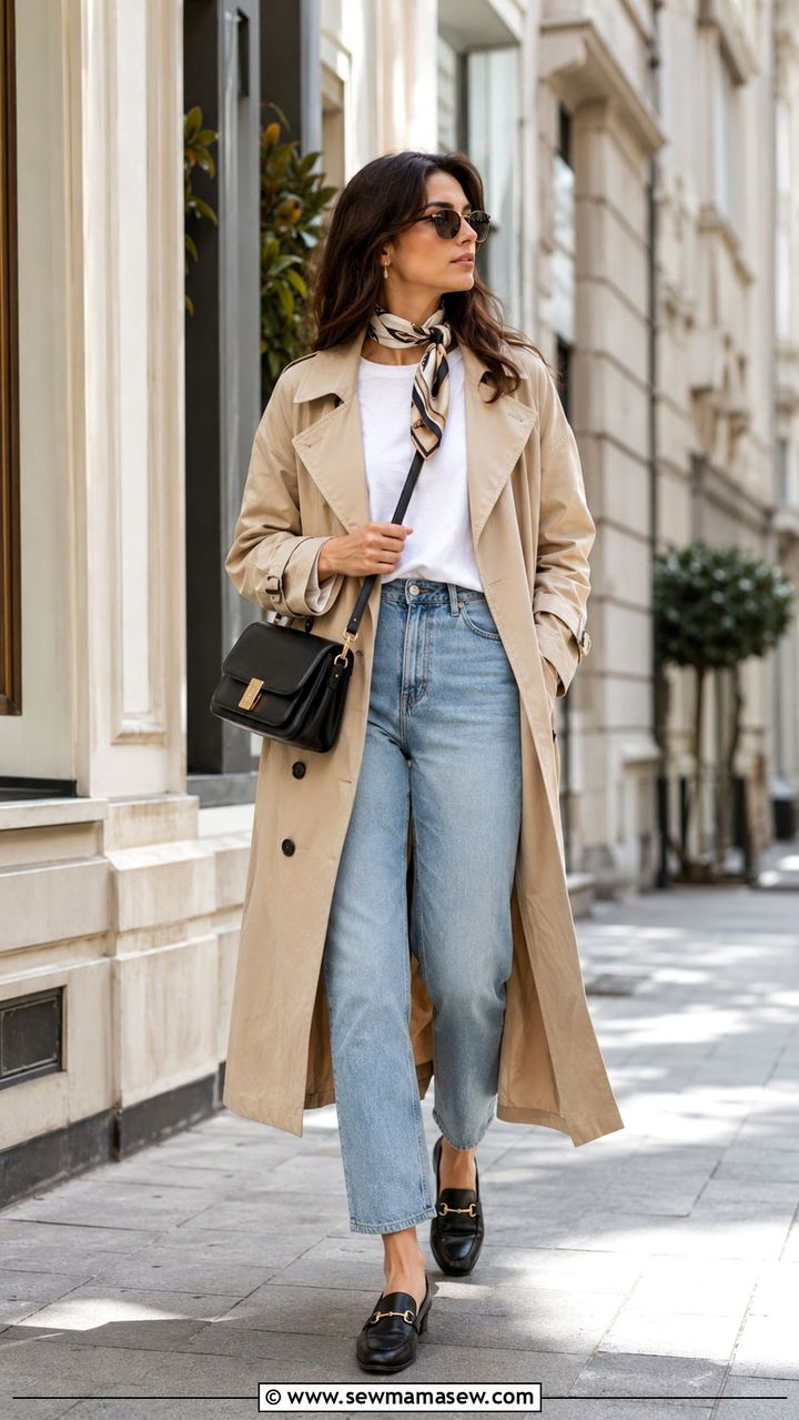 Trench coat with straight leg jeans and loafers Istanbul spring outfit - 30 Istanbul outfit ideas