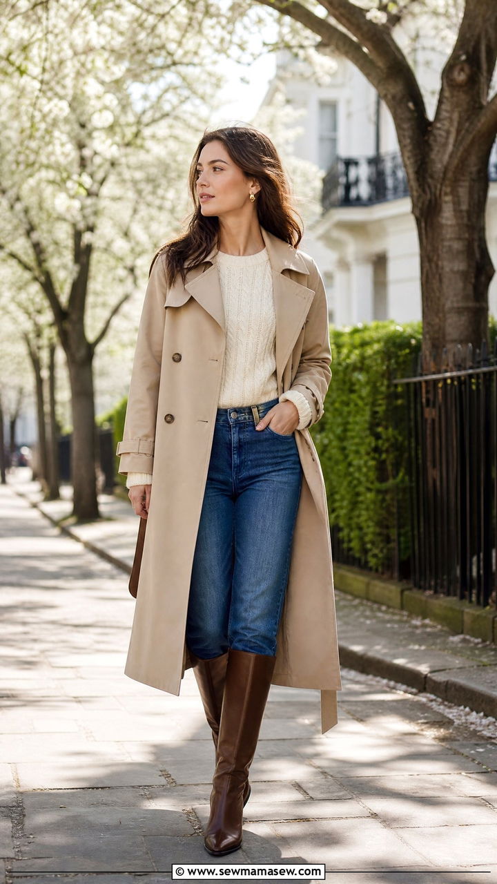 Trench coat with straight leg jeans and riding boots - 25 Spring outfits with riding boots
