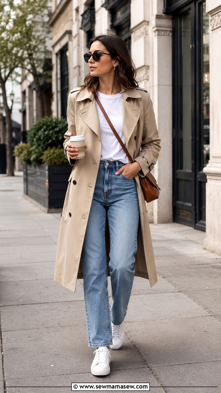 Trench coat with straight leg jeans and white sneakers - 30 spring running errands outfit ideas