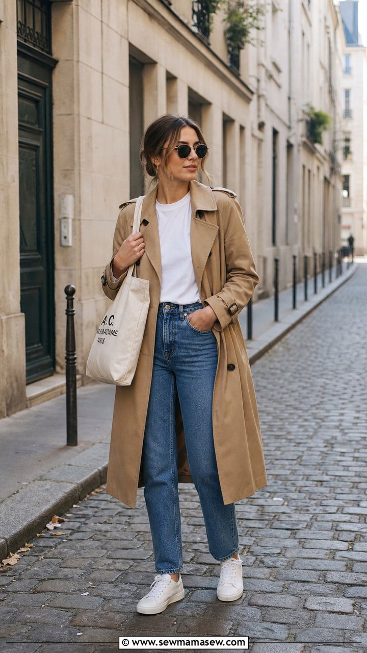 Trench coat with straight leg jeans and white sneakers - 25 Study abroad outfit ideas