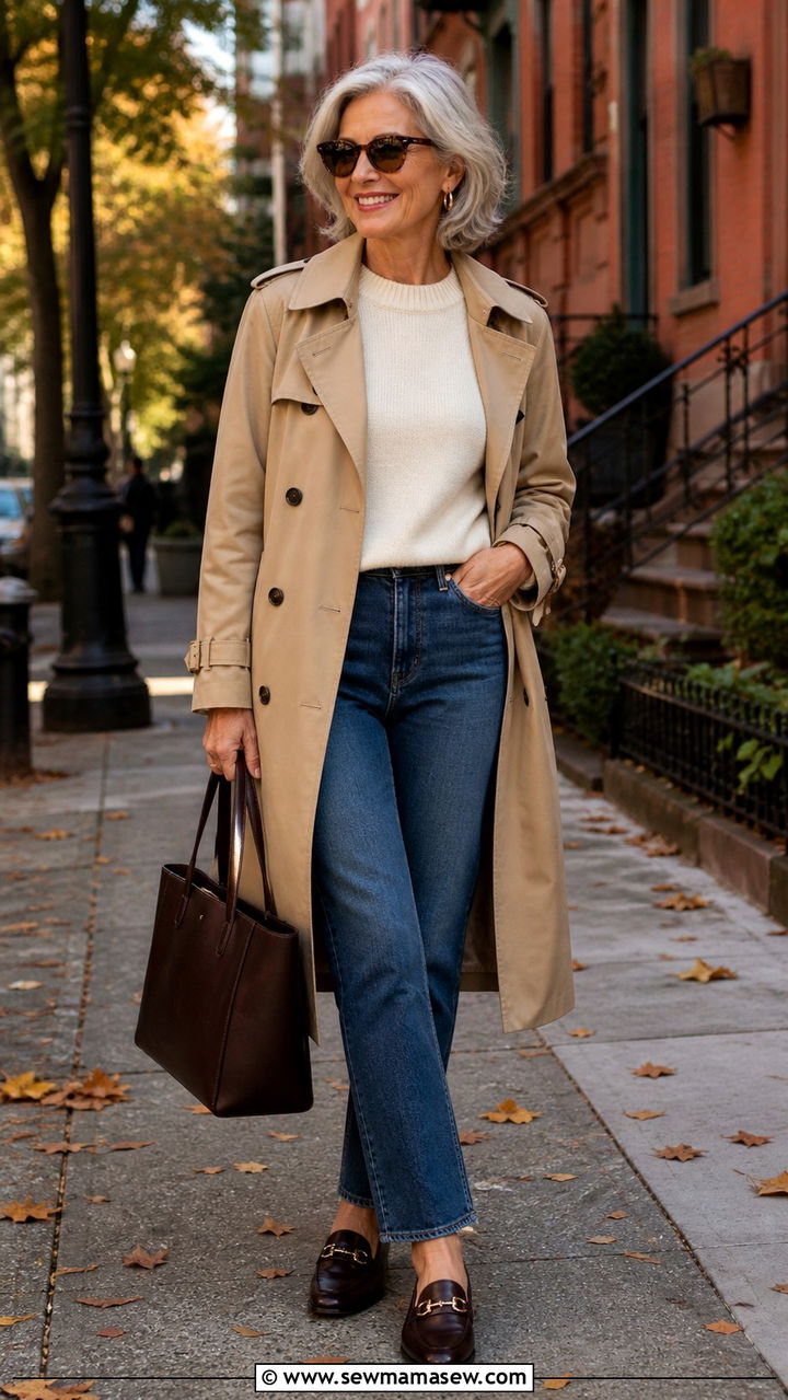 Trench coat with straight leg jeans outfit - 20 60 year old woman outfit ideas