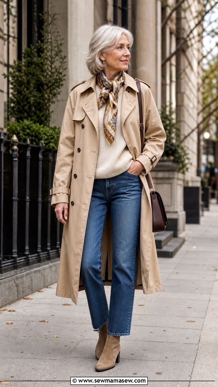 Trench coat with straight leg jeans outfit for women over 60 - 40 How to dress in your 60s