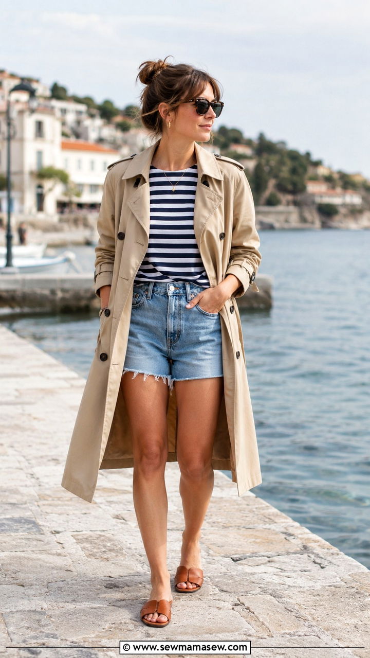 Trench coat with striped shirt and denim shorts - 30 transitional trench coat outfit ideas