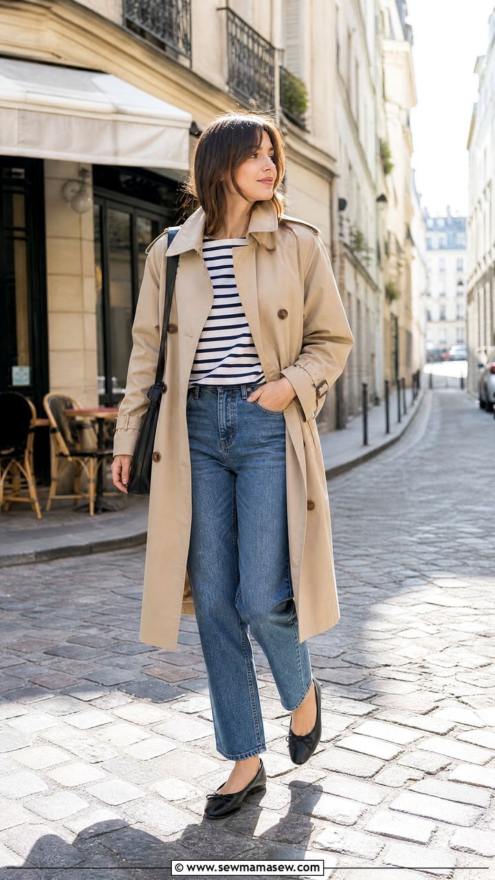 Trench coat with striped shirt and jeans outfit - 30 French girl outfits to copy