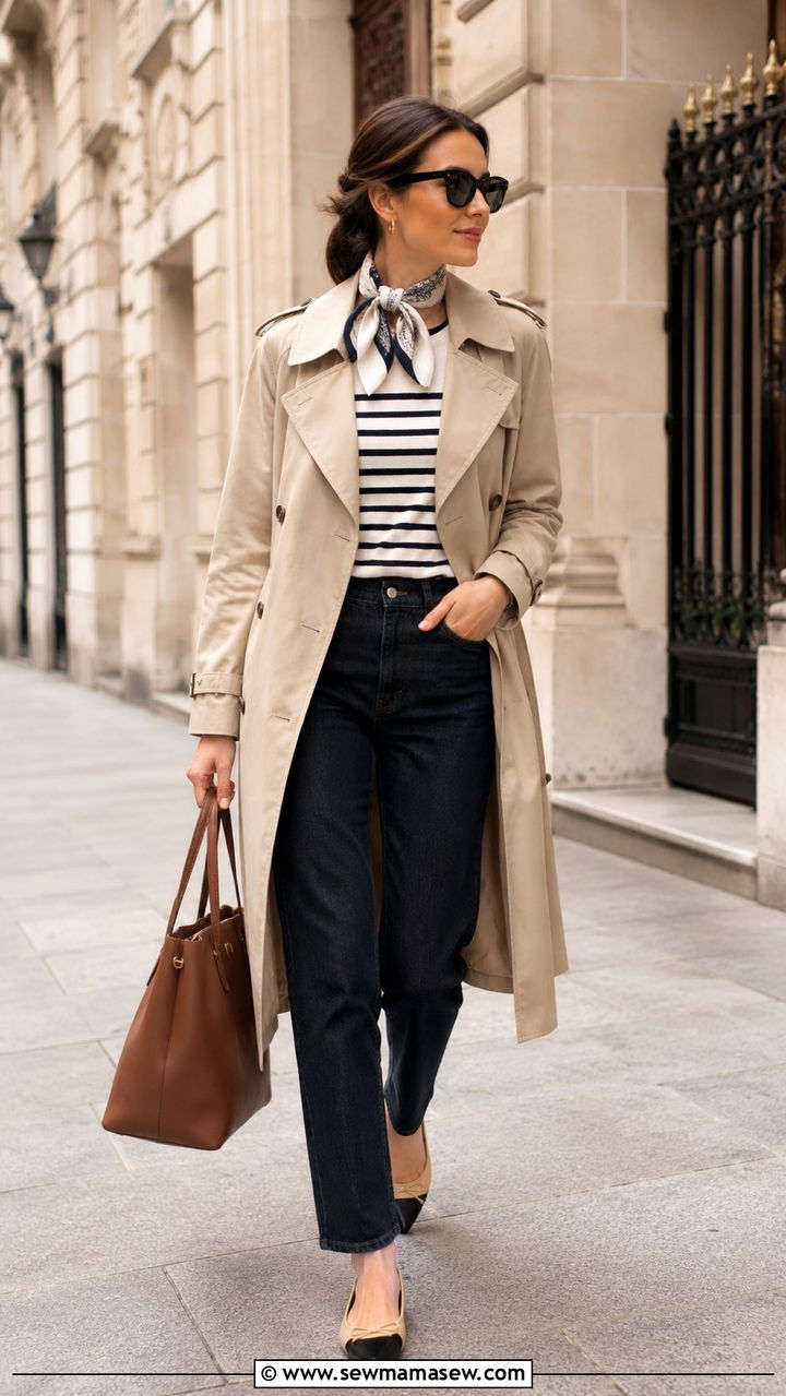 Trench coat with striped sweater and jeans - 30 preppy outfits for women