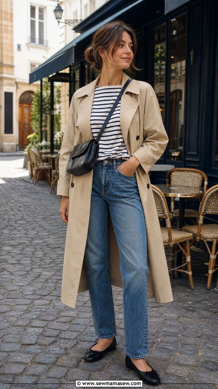 Trench coat with striped tee and straight leg jeans - 25 French girl outfit ideas Emily in Paris style