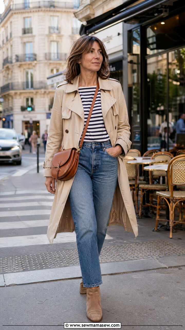 Trench coat with striped top and straight jeans - 35 French girl outfit ideas for women over 40
