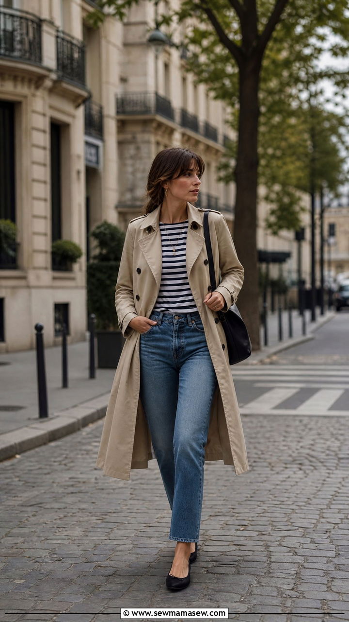 Trench coat with striped top and straight leg jeans - 25 French girl outfit ideas with a trench coat