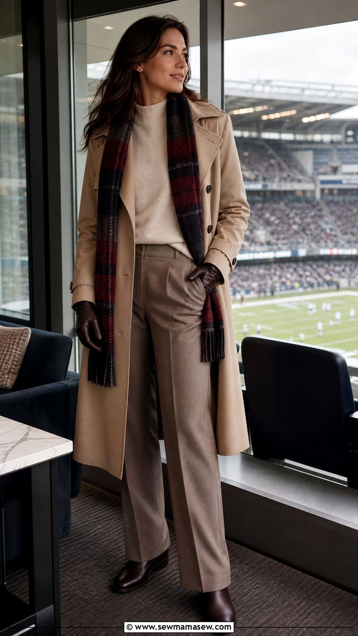 Trench coat with sweater and knit scarf - 25 Football game outfit ideas cold