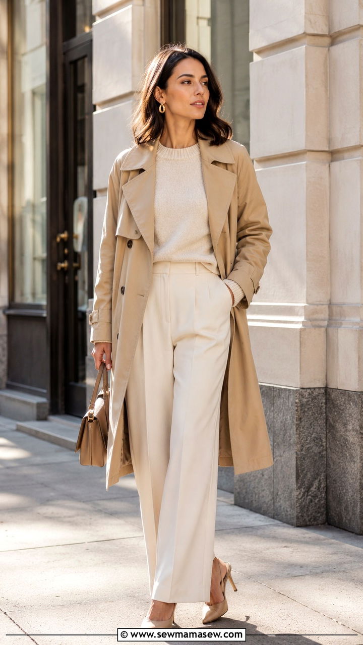 Trench coat with sweater and wide leg trousers - 30 transitional trench coat outfit ideas