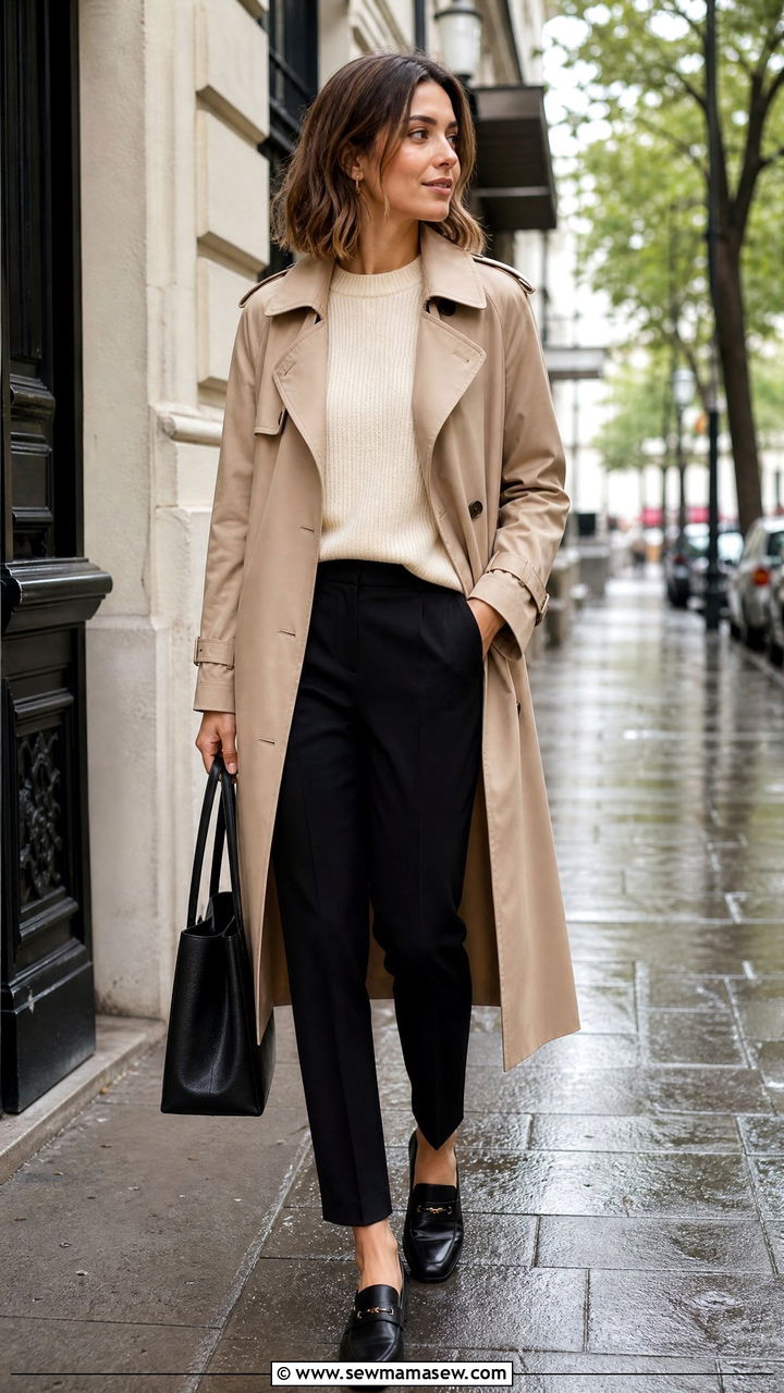 Trench coat with tailored trousers and loafers - 30 Cozy rainy day outfit ideas