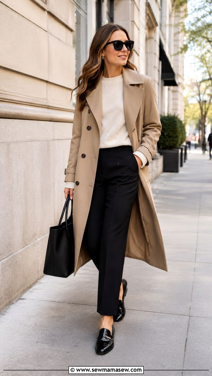 Trench coat with tailored trousers and loafers - 30 Rainy day weekend outfit ideas