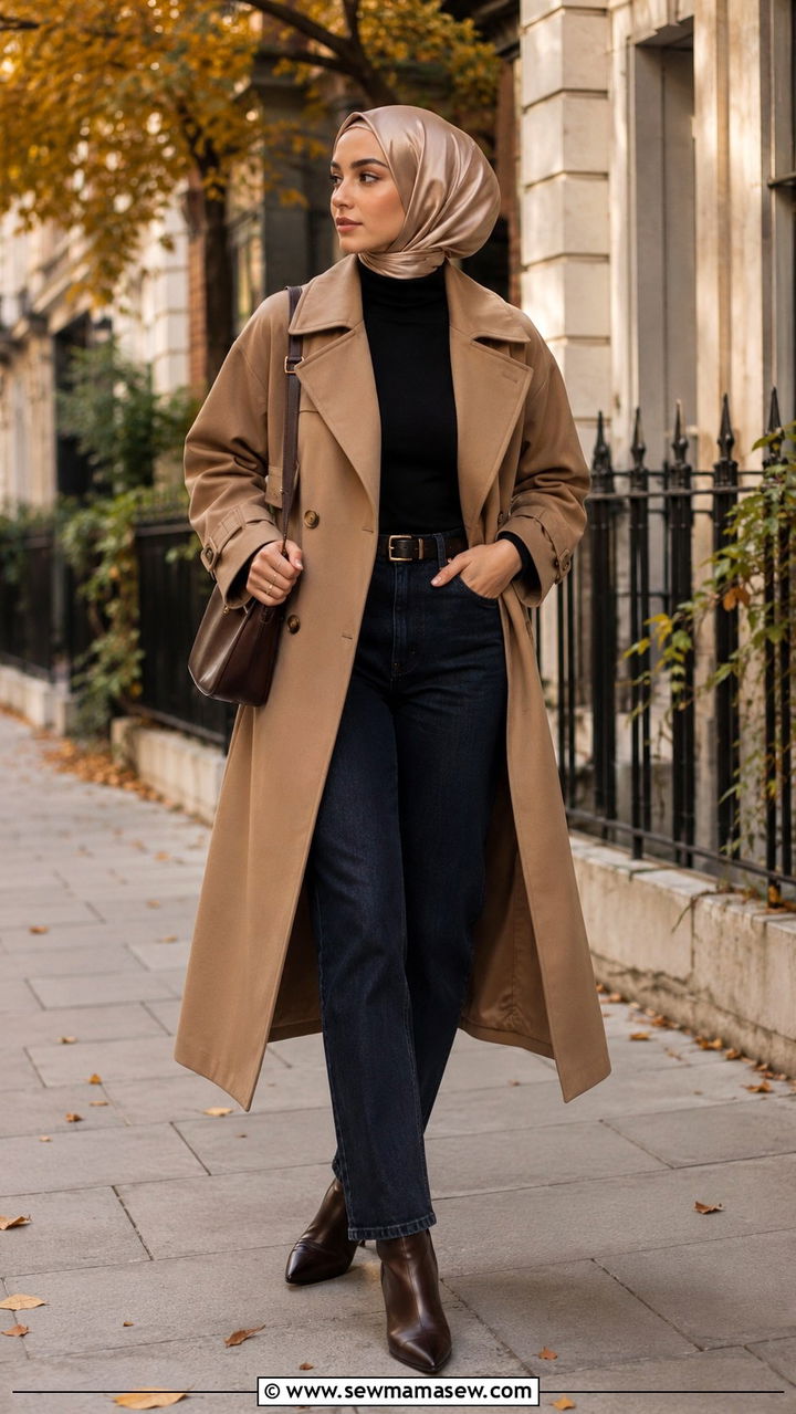 Trench coat with turtleneck and hijab - 25 outfit ideas for hijab women