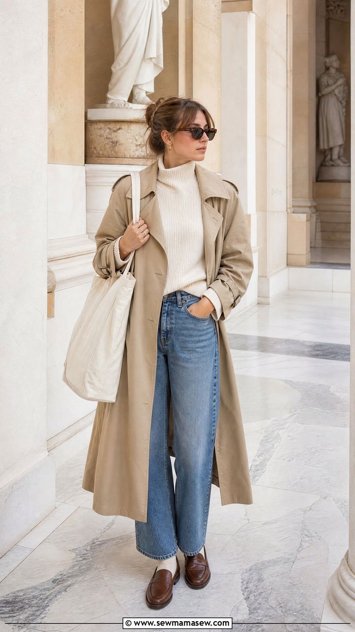 Trench coat with turtleneck and straight leg jeans outfit - 40 light academia outfits