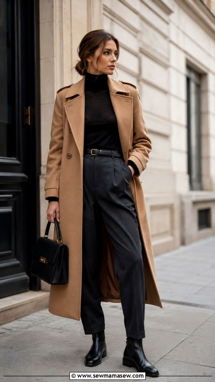 Trench coat with turtleneck and trousers office outfit - 25 seasonal office outfit ideas