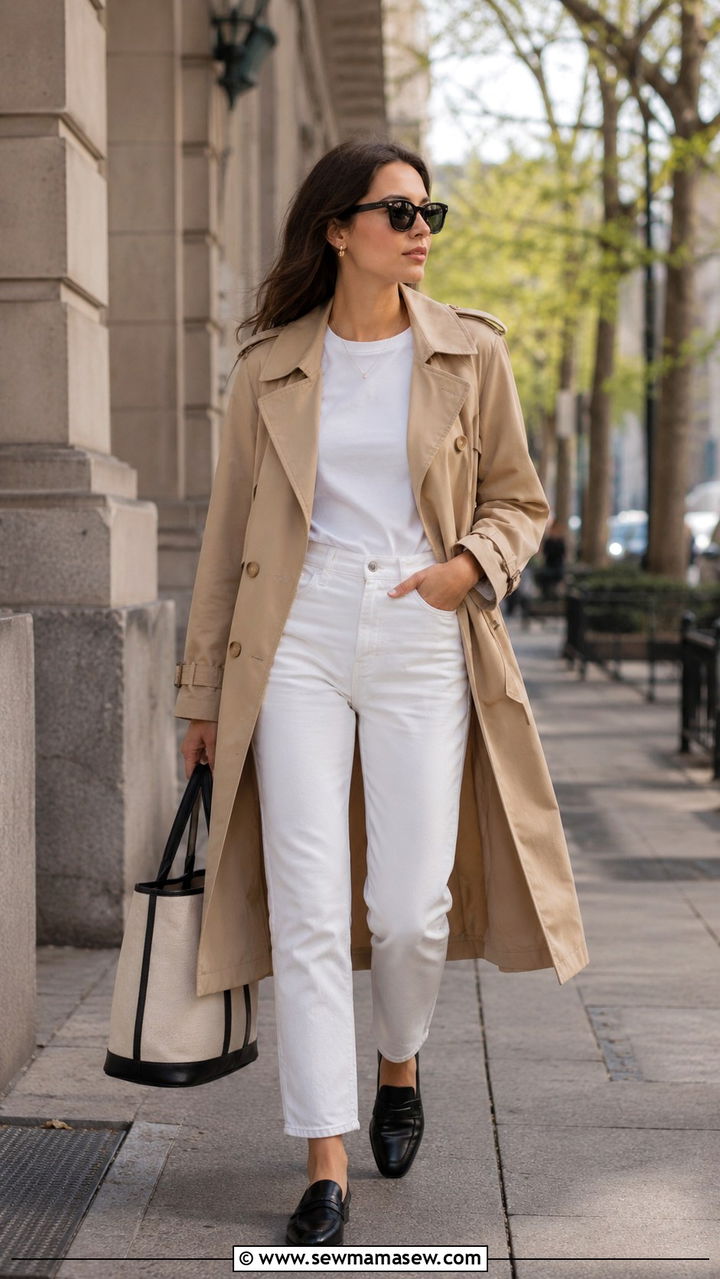 Trench coat with white jeans and loafers - 30 Spring capsule wardrobe