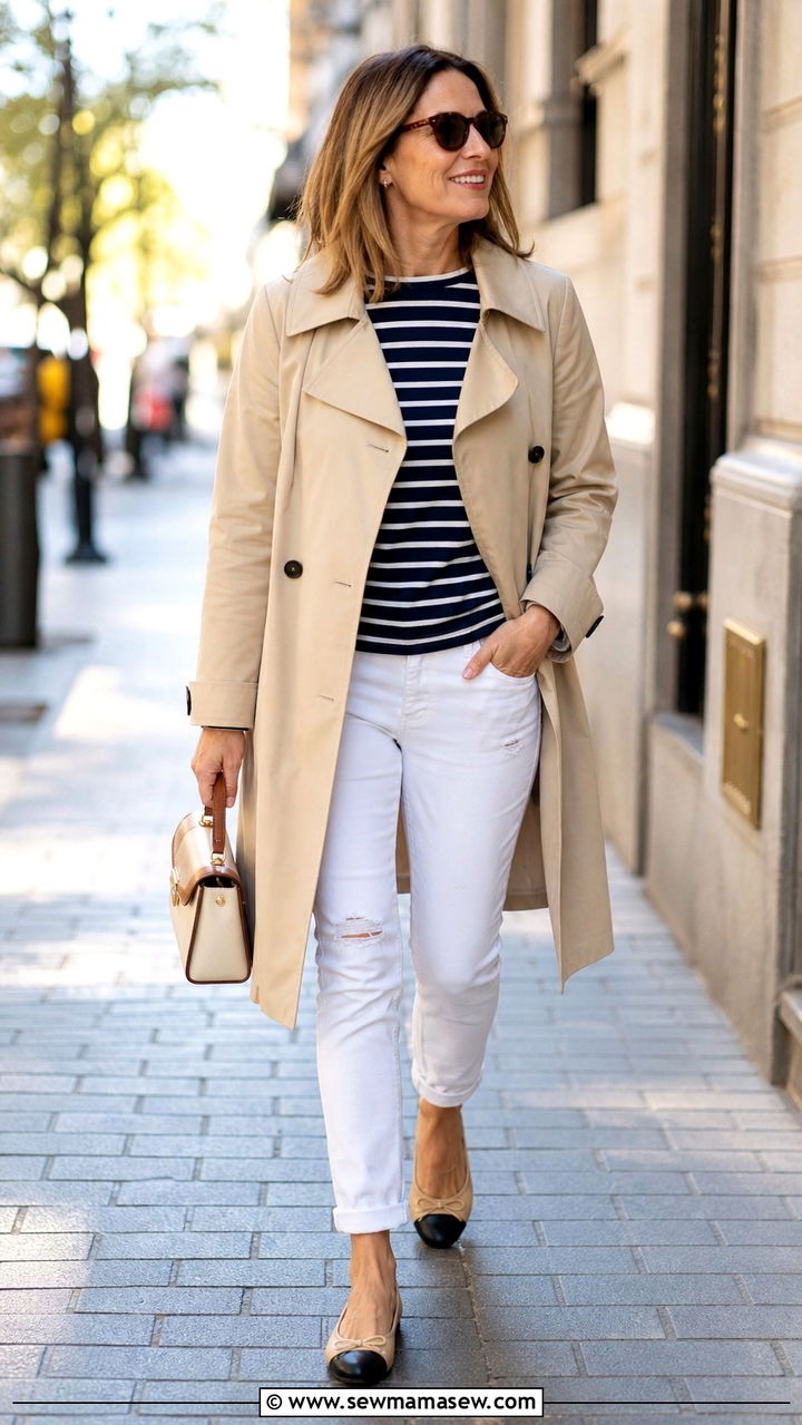 Trench coat with white jeans outfit - 40 spring outfit ideas for women over 40