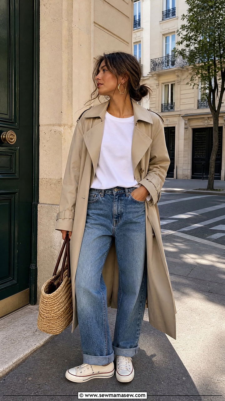 Trench coat with white tee and baggy jeans - 25 How to style baggy jeans