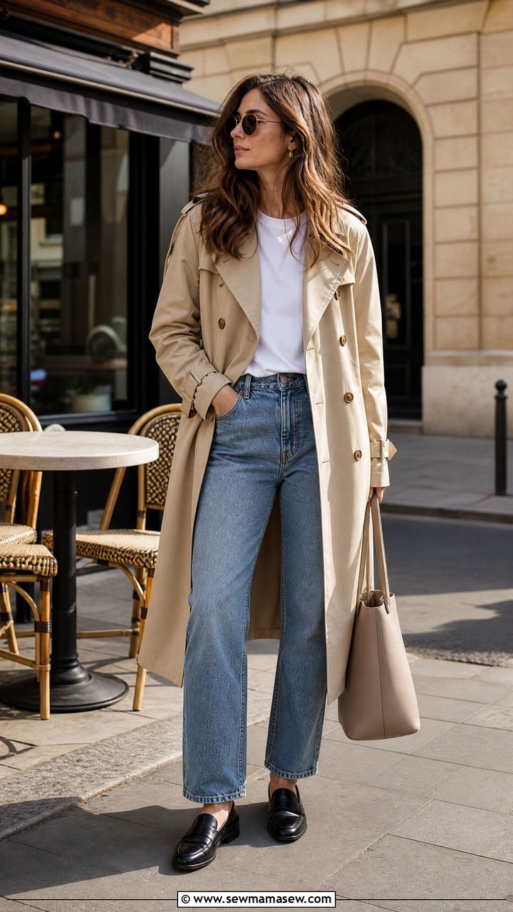 Trench coat with white tee and straight jeans - 25 French girl outfit ideas for travel