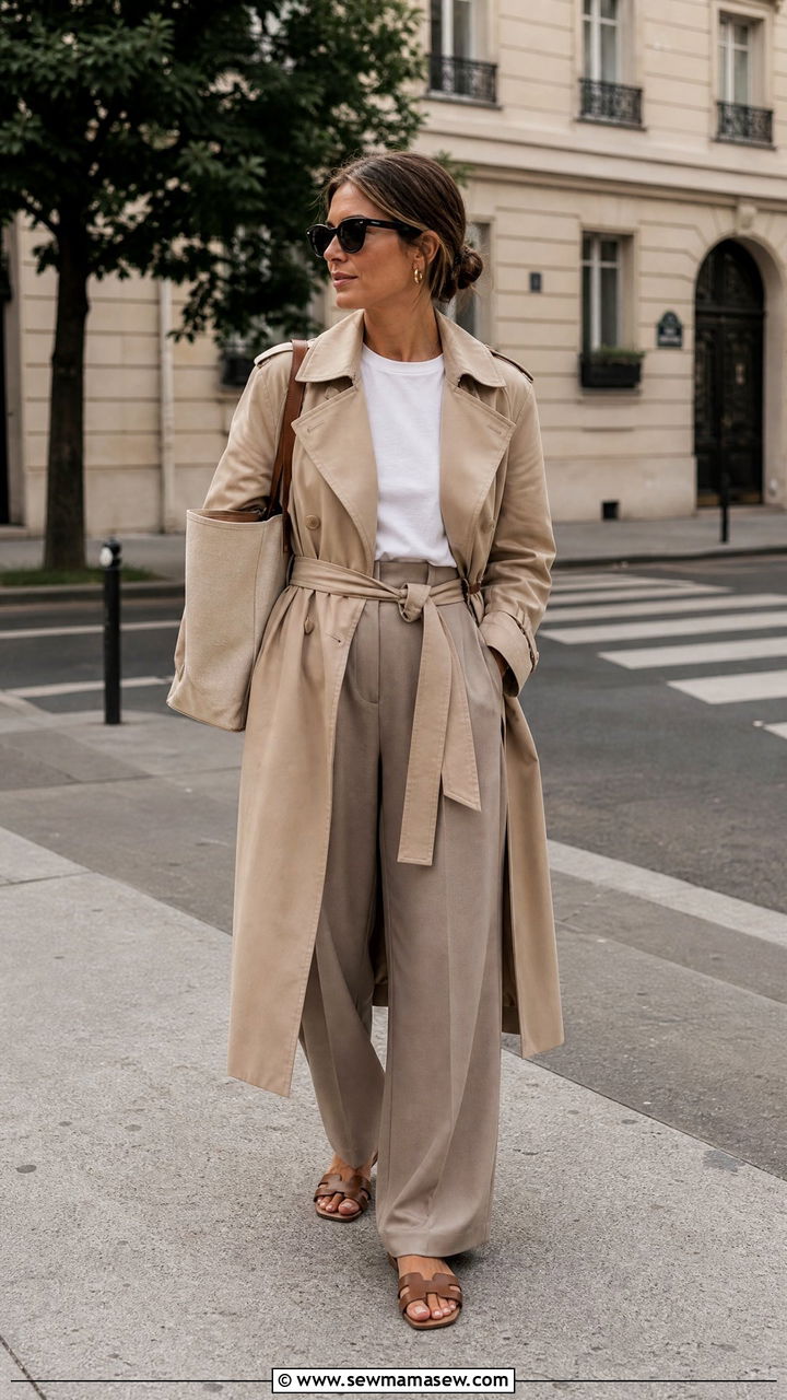 Trench coat with white tee and wide leg pants - 30 summer to fall outfits for women